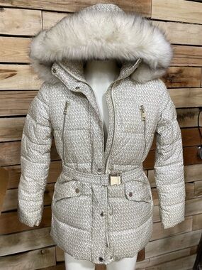 Michael Kors Cream MK Logo Quilted Puffer Coat with Faux Fur Hood